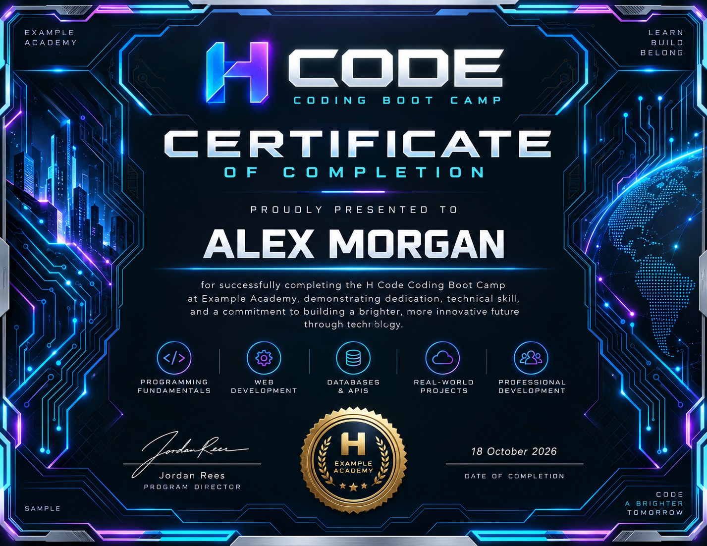Illustrative AI-generated sample for Futuristic Coding Boot Camp Certificate