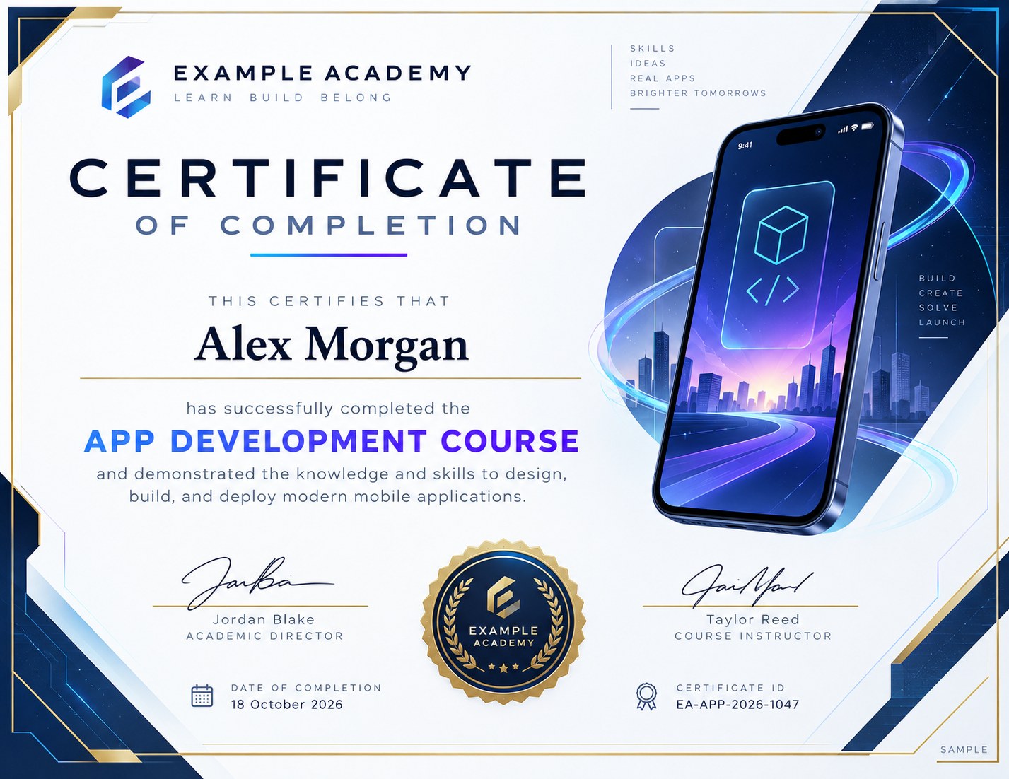 Illustrative AI-generated sample for App Development Course Certificate