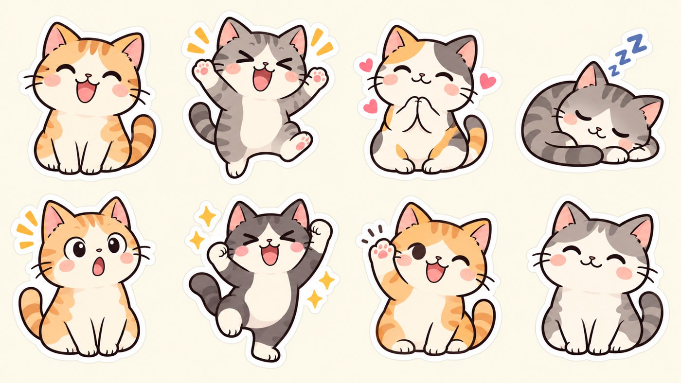 Illustrative AI-generated sample for Create WhatsApp Stickers (16:9, 8 Stickers)